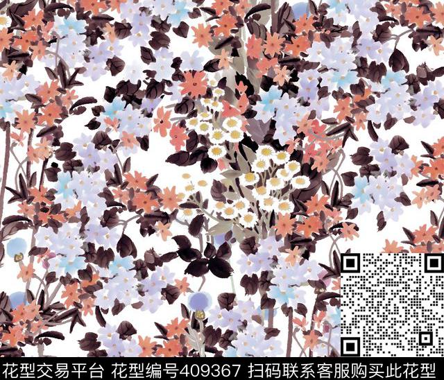 水彩矢车菊水墨传统印花华亿平台下载（图片编号: 409367） - 瓦栏（Walan）