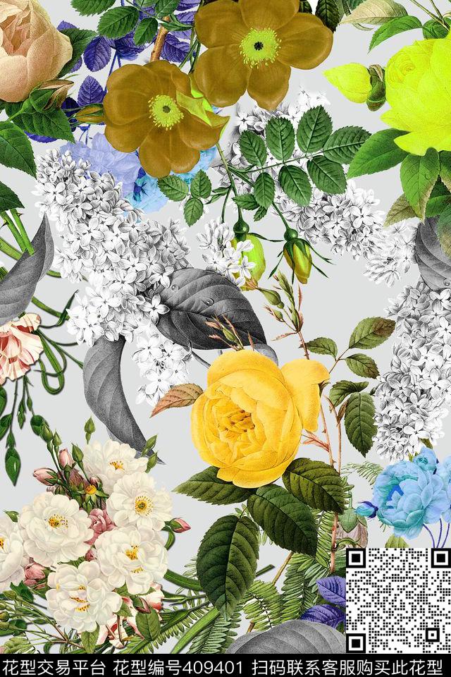 花卉多彩花卉四方连续数码印花华亿平台下载（图片编号: 409401） - 瓦栏（Walan）
