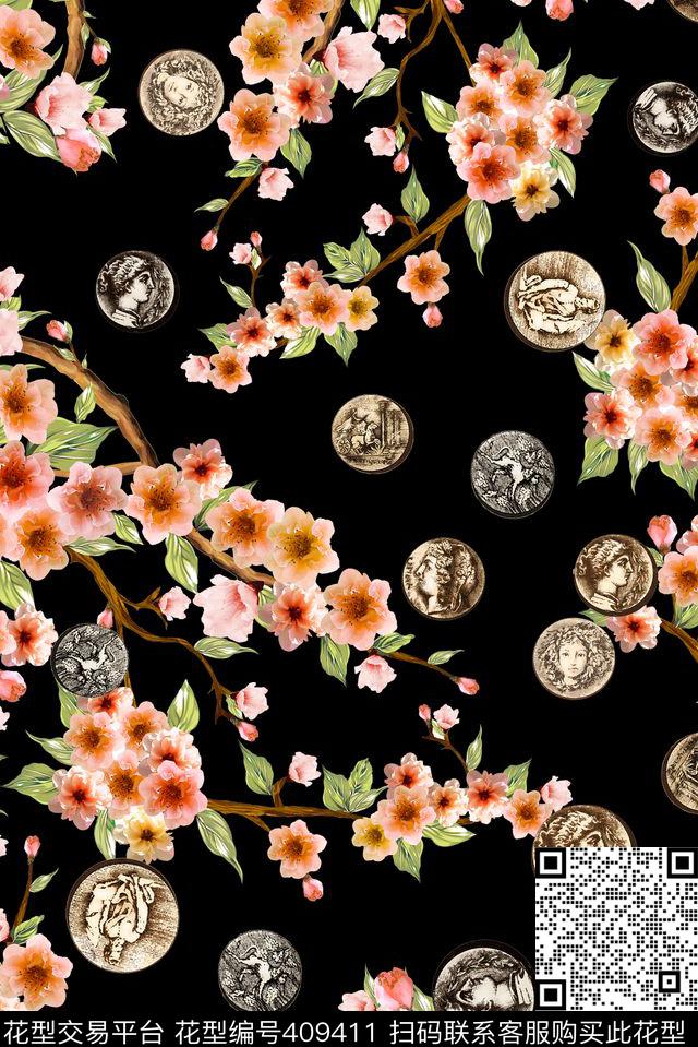 桃花钱币花卉花卉数码印花华亿平台下载（图片编号: 409411） - 瓦栏（Walan）