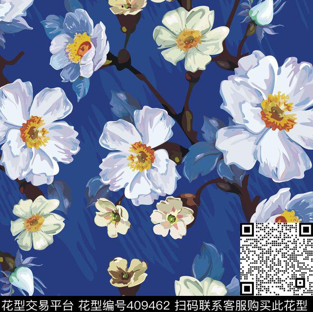 白色花花朵传统印花华亿平台下载（图片编号: 409462） - 瓦栏（Walan）
