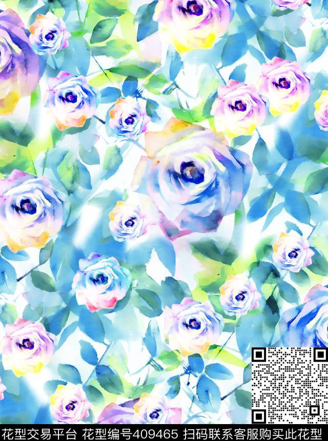 水彩玫瑰淡雅数码印花华亿平台下载（图片编号: 409465） - 瓦栏（Walan）