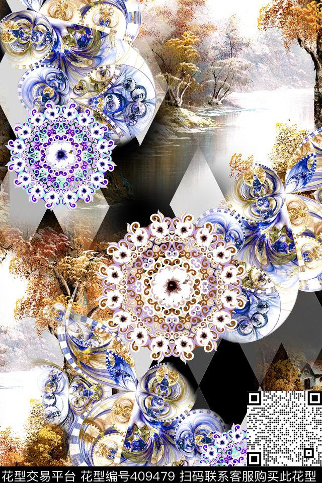 时尚几何格子数码印花华亿平台下载（图片编号: 409479） - 瓦栏（Walan）