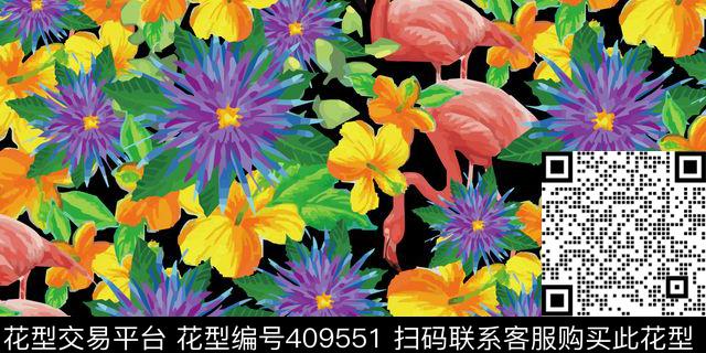 涂鸦火烈鸟热带传统印花华亿平台下载（图片编号: 409551） - 瓦栏（Walan）