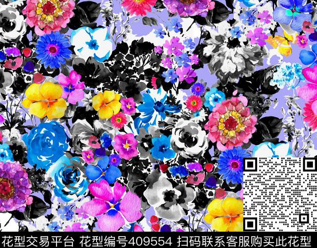 水墨花卉手绘数码印花华亿平台下载（图片编号: 409554） - 瓦栏（Walan）