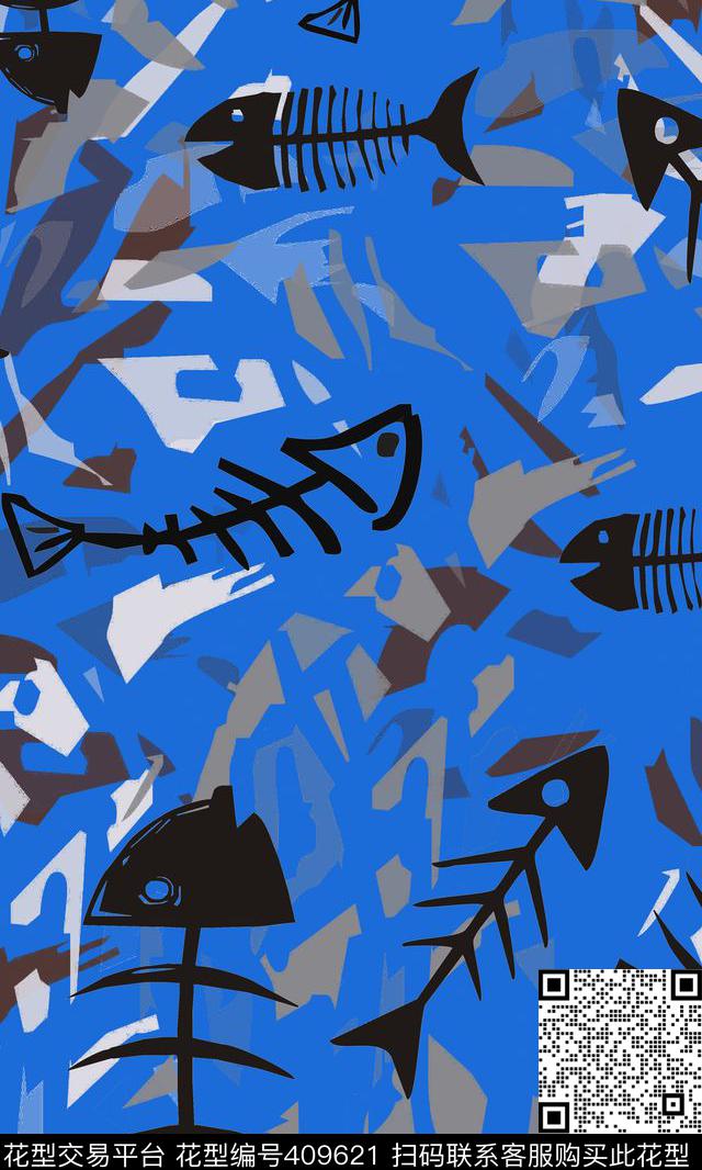 涂鸦鱼骨写意涂鸦传统印花华亿平台下载（图片编号: 409621） - 瓦栏（Walan）