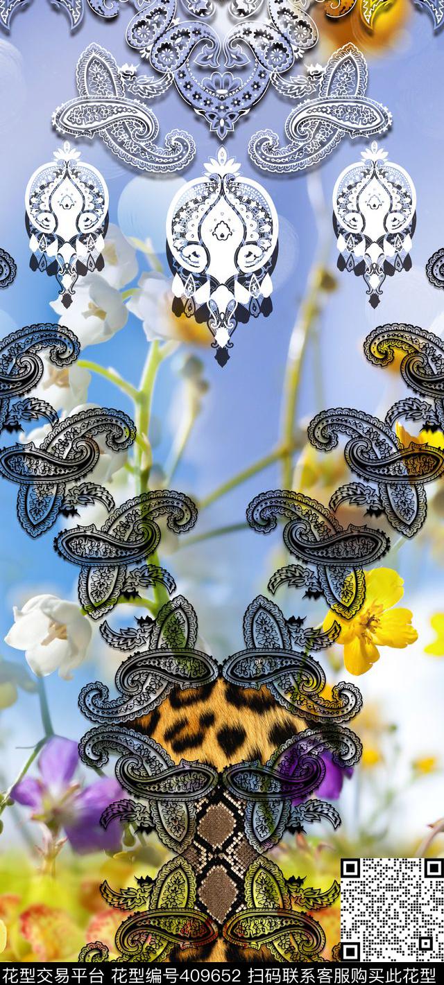 定位服装动物纹黑白线条数码印花华亿平台下载（图片编号: 409652） - 瓦栏（Walan）