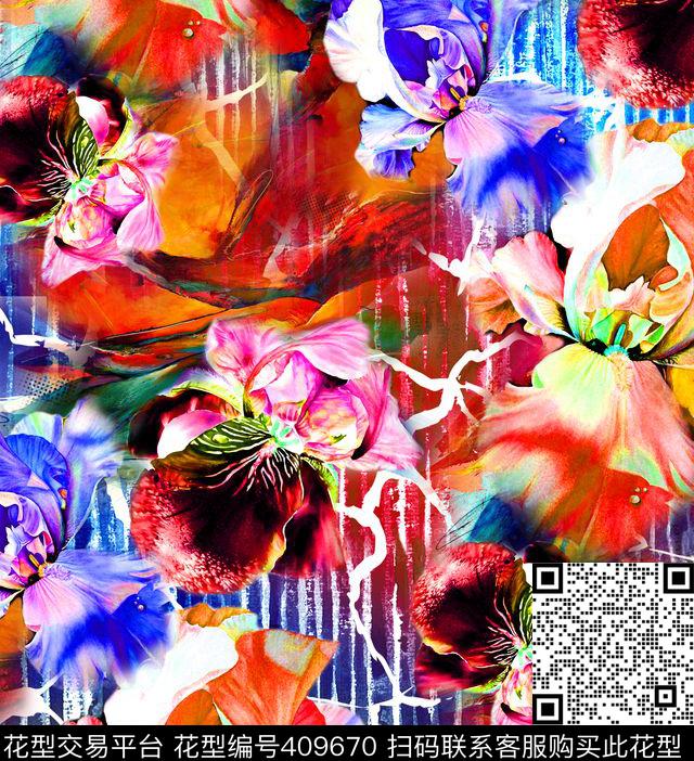 写意花卉水纹数码印花华亿平台下载（图片编号: 409670） - 瓦栏（Walan）