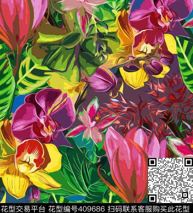 热带花卉数码印花华亿平台下载（图片编号: 409686） - 瓦栏（Walan）