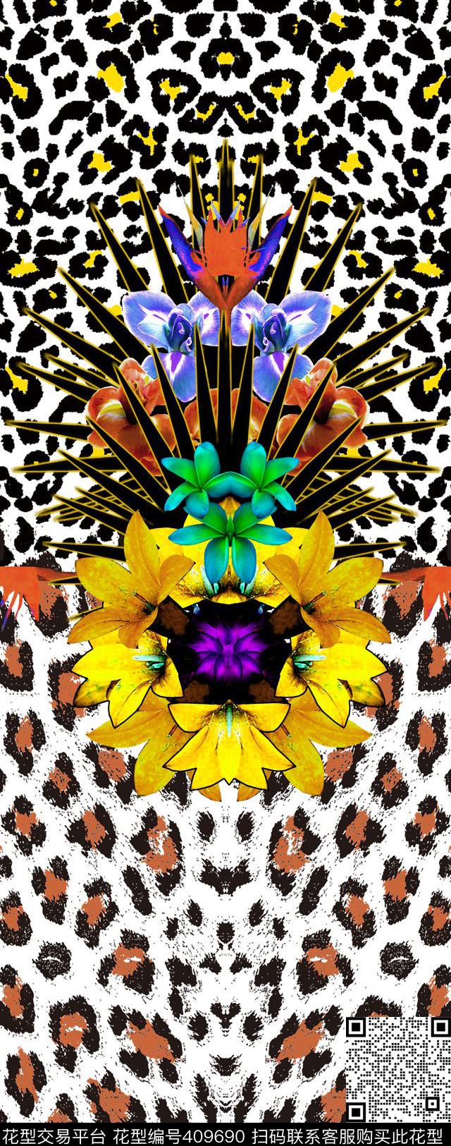 镜像豹纹热带花卉数码印花华亿平台下载（图片编号: 409690） - 瓦栏（Walan）