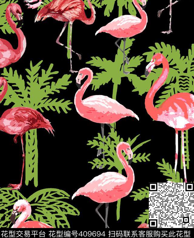 手绘火烈鸟棕榈树传统印花华亿平台下载（图片编号: 409694） - 瓦栏（Walan）