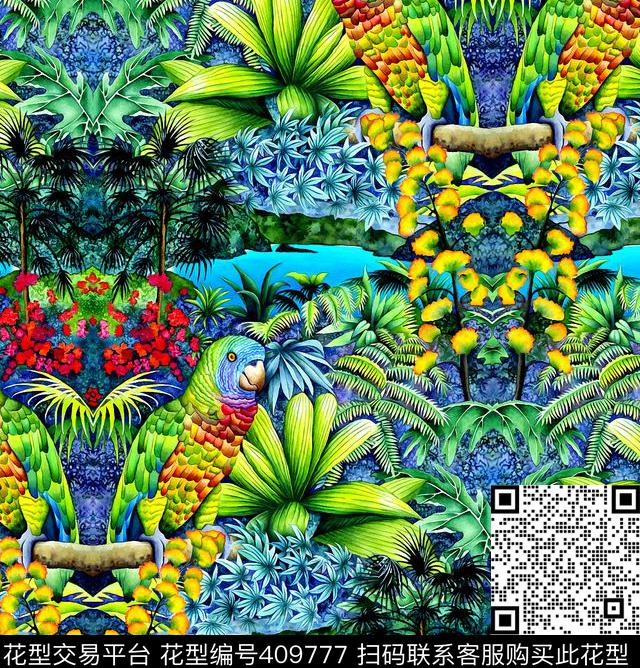 手绘丛林鹦鹉数码印花华亿平台下载（图片编号: 409777） - 瓦栏（Walan）