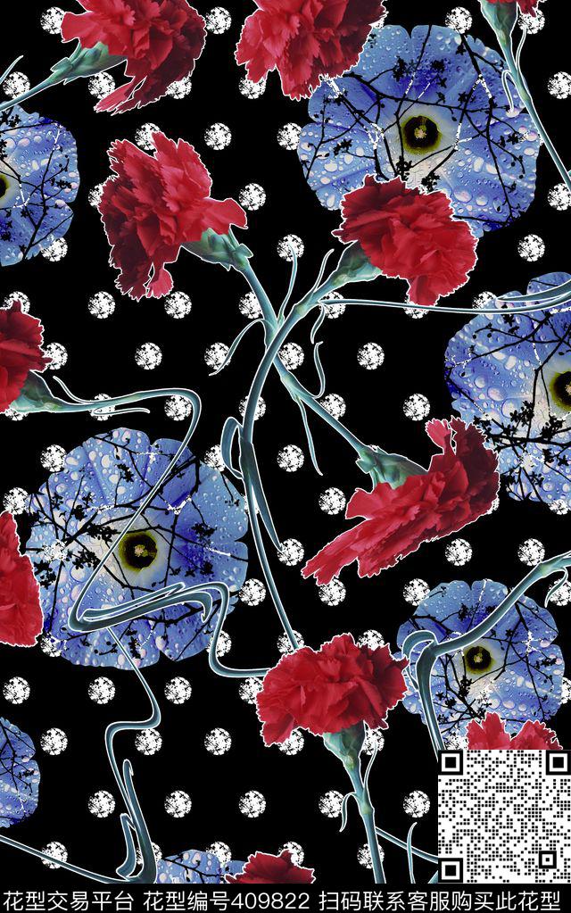 红黑经典配色花卉数码印花华亿平台下载（图片编号: 409822） - 瓦栏（Walan）