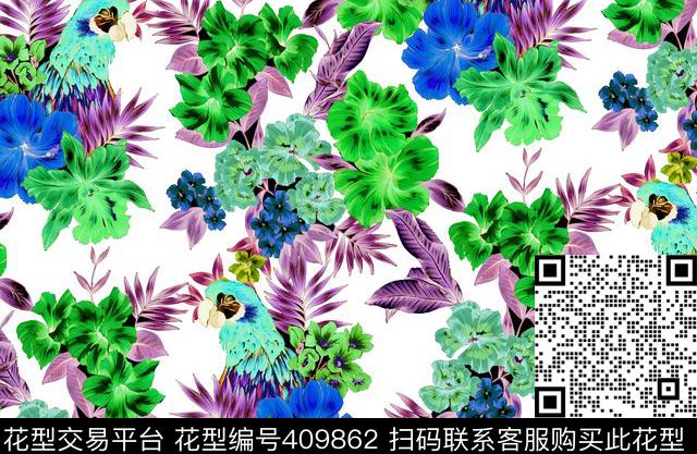 手绘鹦鹉热带数码印花华亿平台下载（图片编号: 409862） - 瓦栏（Walan）