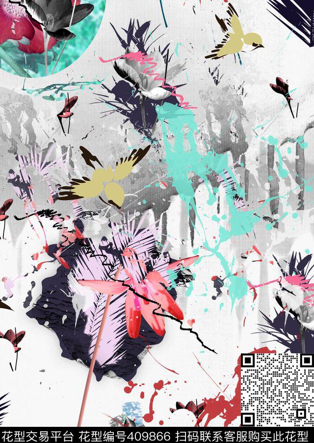 笔触花卉水墨数码印花华亿平台下载（图片编号: 409866） - 瓦栏（Walan）