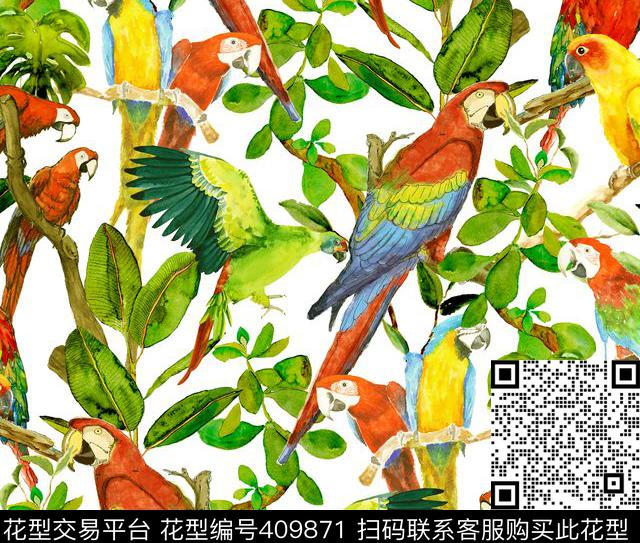 手绘鹦鹉雨林数码印花华亿平台下载（图片编号: 409871） - 瓦栏（Walan）