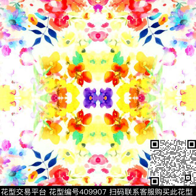 水彩花卉镜像数码印花华亿平台下载（图片编号: 409907） - 瓦栏（Walan）