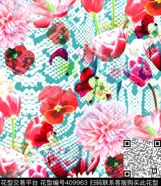 纹理郁金香蛇纹数码印花华亿平台下载（图片编号: 409963） - 瓦栏（Walan）