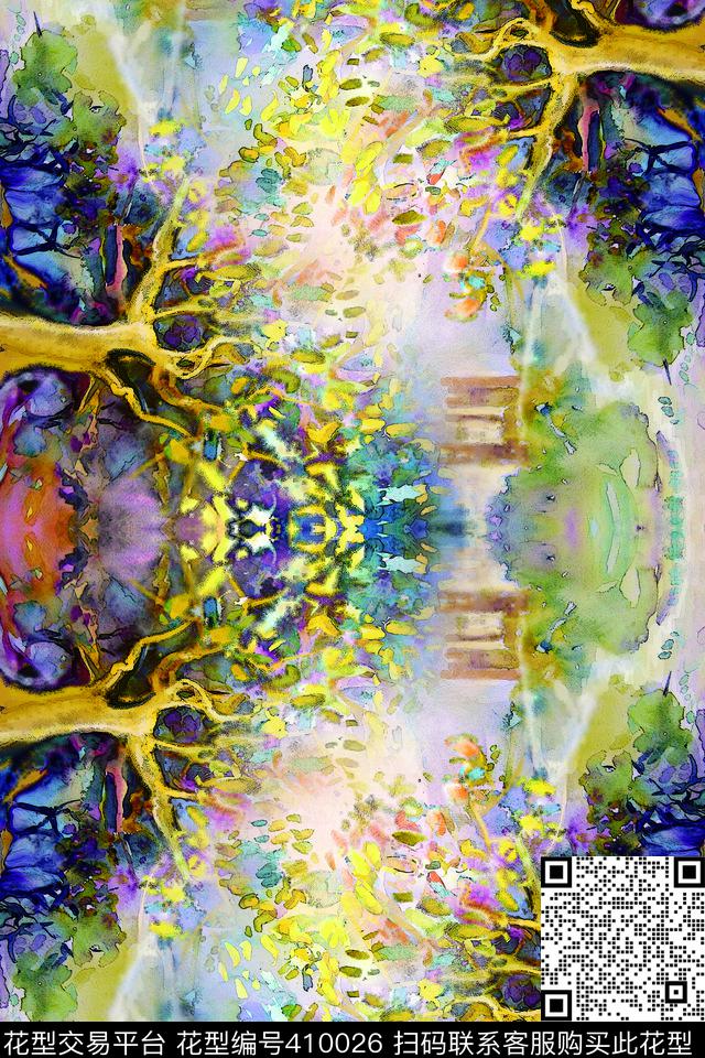 山水风情蓝数码印花华亿平台下载（图片编号: 410026） - 瓦栏（Walan）