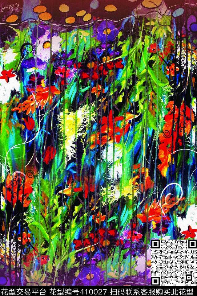 花卉黑蓝数码印花华亿平台下载（图片编号: 410027） - 瓦栏（Walan）