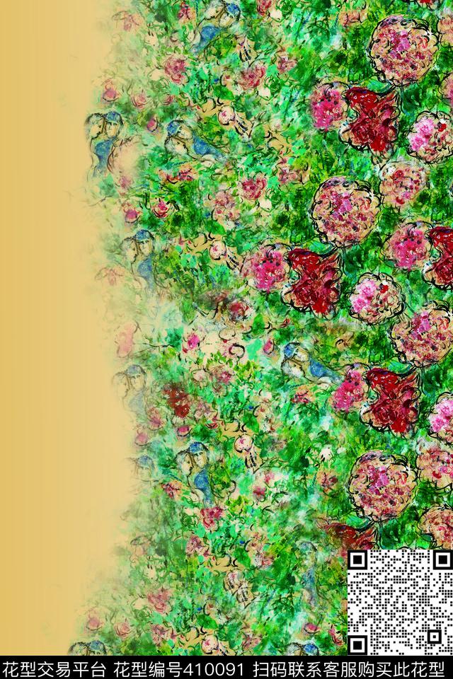 花卉黄蓝数码印花华亿平台下载（图片编号: 410091） - 瓦栏（Walan）