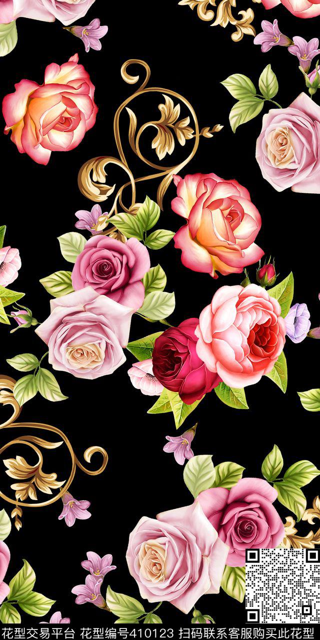 黑底大气卷草纹欧式数码印花华亿平台下载（图片编号: 410123） - 瓦栏（Walan）