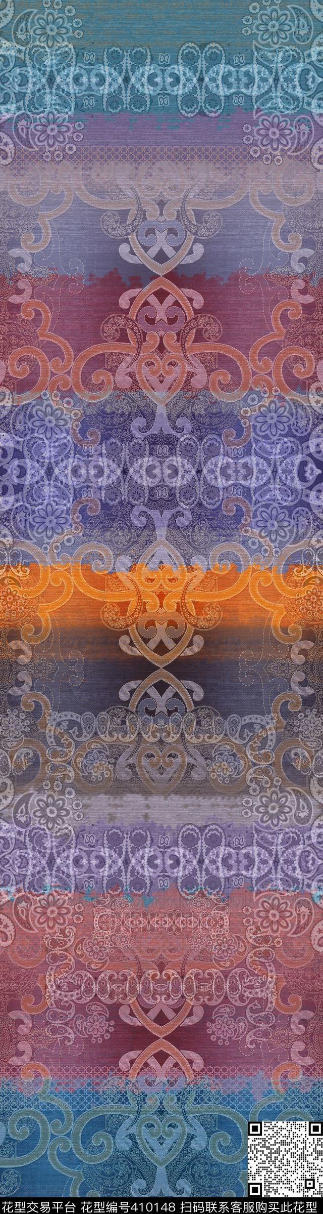卷草民族条格传统印花华亿平台下载（图片编号: 410148） - 瓦栏（Walan）