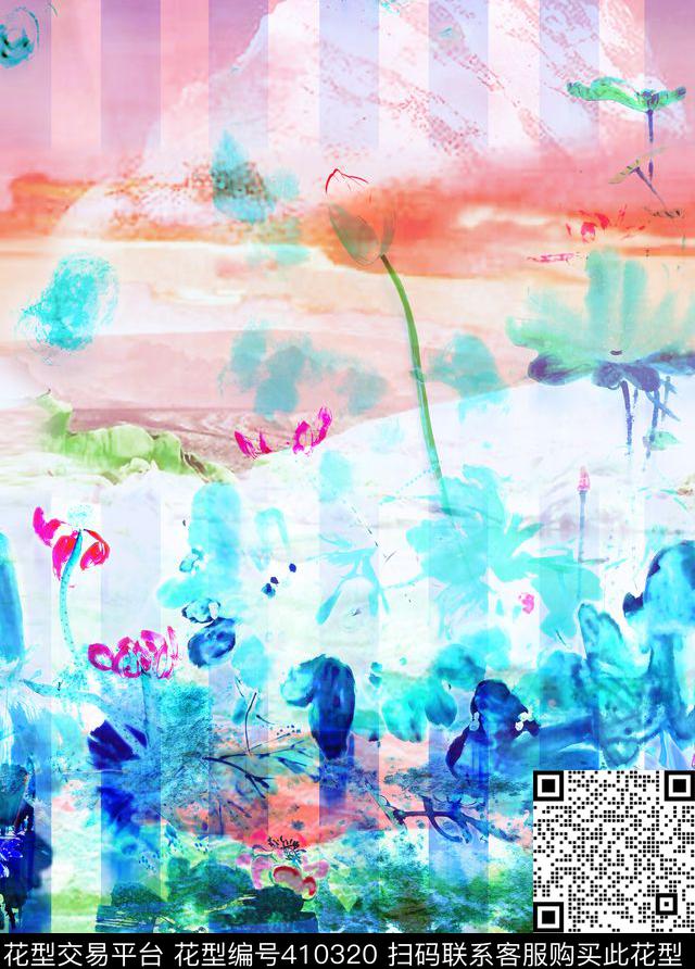 风景风景画荷花山水水墨水墨画国画条格未来感抽象数码印花华亿平台下载（图片编号: 410320） - 瓦栏（Walan）