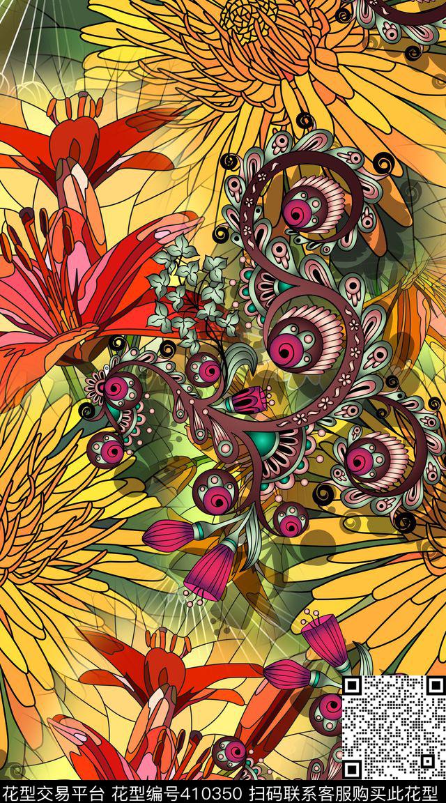 玻璃色块花卉数码印花华亿平台下载（图片编号: 410350） - 瓦栏（Walan）