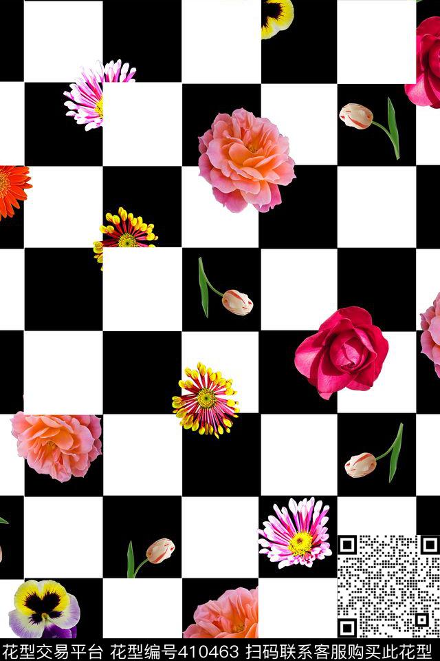 个性花卉黑白格数码印花华亿平台下载（图片编号: 410463） - 瓦栏（Walan）