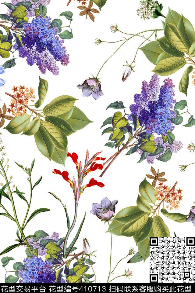 浅底手绘花卉组合花卉数码印花华亿平台下载（图片编号: 410713） - 瓦栏（Walan）
