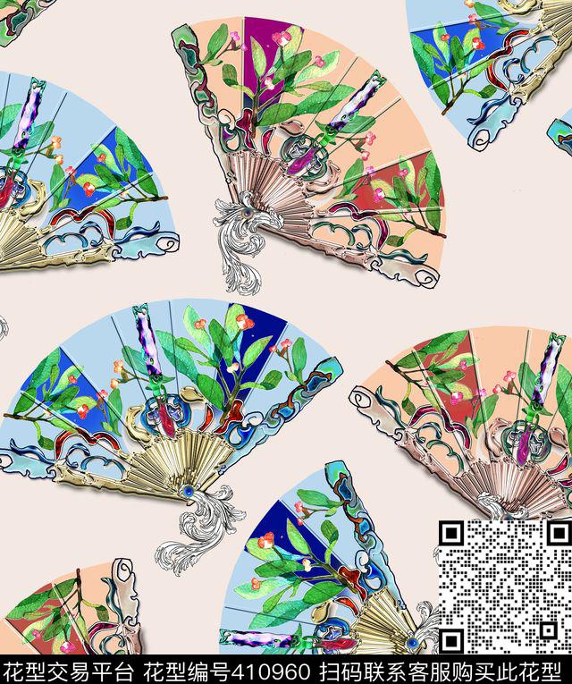 扇子时尚中国风数码印花华亿平台下载（图片编号: 410960） - 瓦栏（Walan）