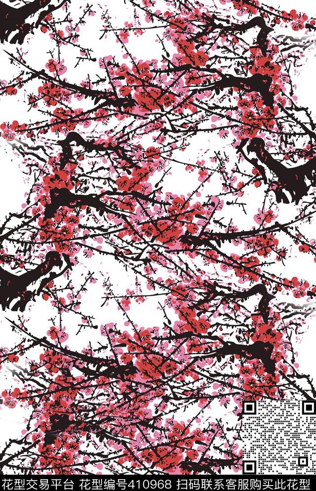 中国风梅花水墨数码印花华亿平台下载（图片编号: 410968） - 瓦栏（Walan）