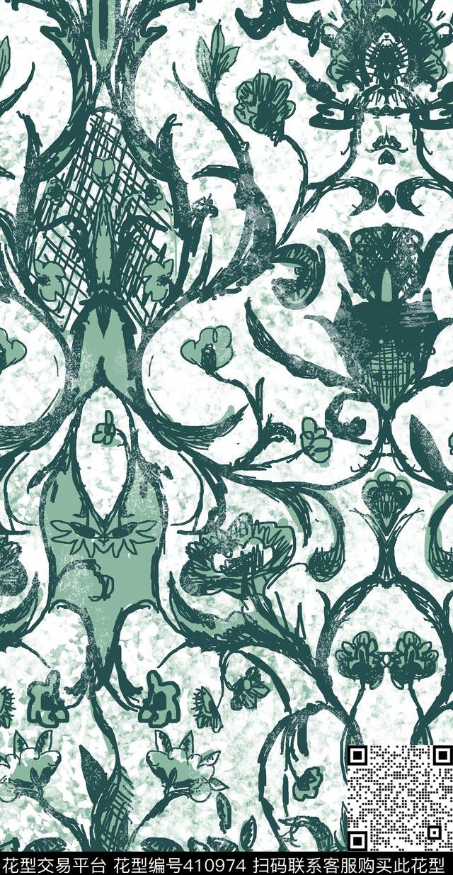 复古卷草传统印花华亿平台下载（图片编号: 410974） - 瓦栏（Walan）