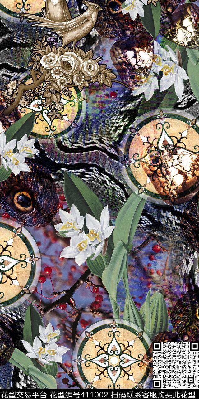 抽象机理服装复古花卉数码印花华亿平台下载（图片编号: 411002） - 瓦栏（Walan）