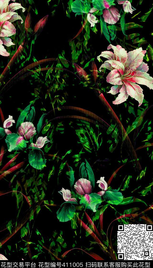 暗黑花卉植物花卉数码印花华亿平台下载（图片编号: 411005） - 瓦栏（Walan）