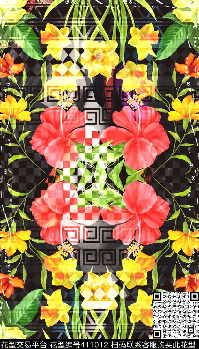 定位花卉几何数码印花华亿平台下载（图片编号: 411012） - 瓦栏（Walan）