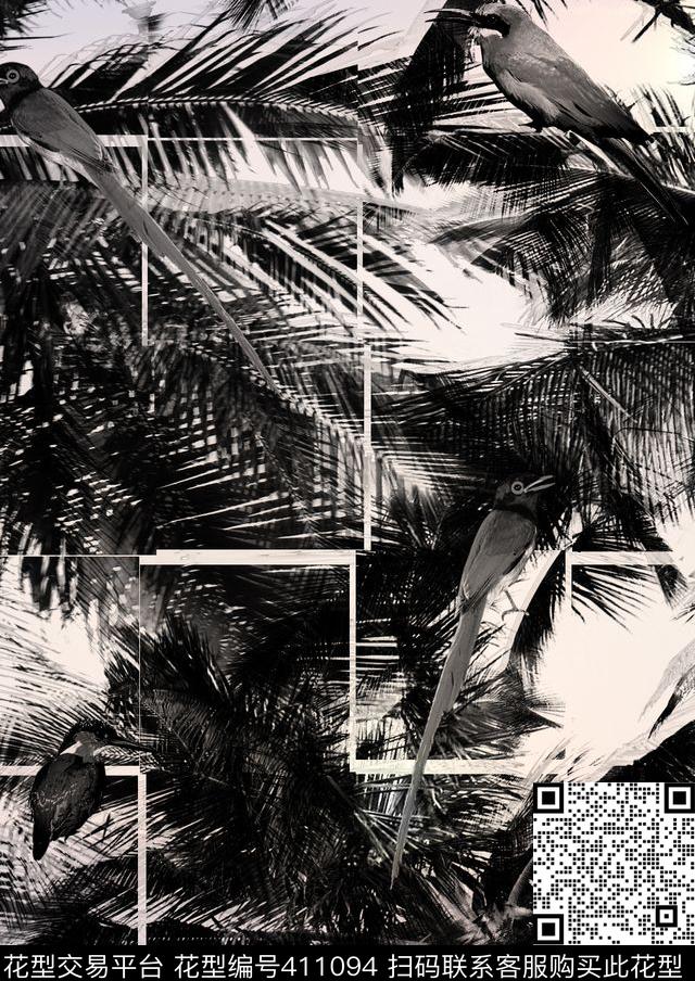 黑白热带雨林鹦鹉数码印花华亿平台下载（图片编号: 411094） - 瓦栏（Walan）