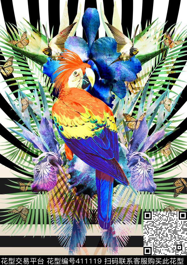 几何图形热带植物鹦鹉数码印花华亿平台下载（图片编号: 411119） - 瓦栏（Walan）
