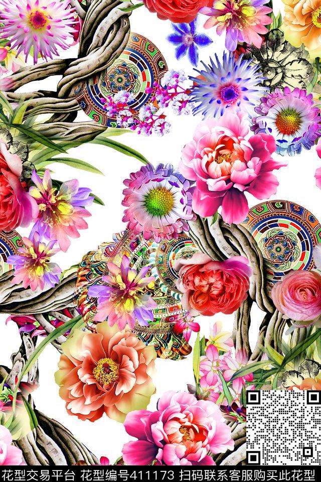 时尚奇花异草树藤数码印花华亿平台下载（图片编号: 411173） - 瓦栏（Walan）
