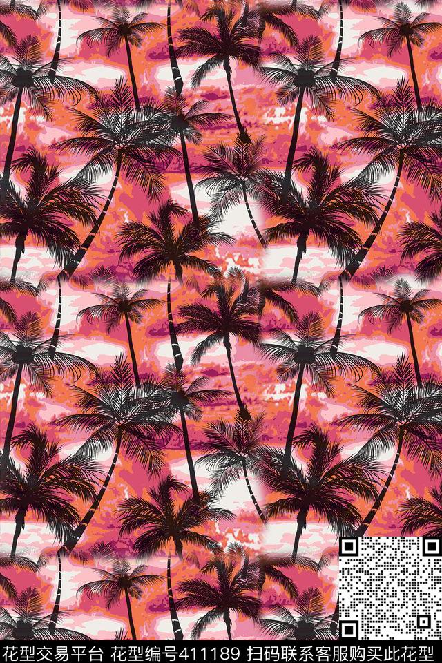 热带写意椰子树传统印花华亿平台下载（图片编号: 411189） - 瓦栏（Walan）