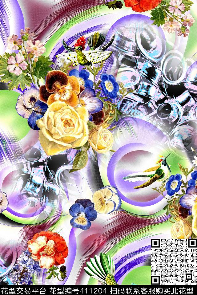 时尚炫彩花卉数码印花华亿平台下载（图片编号: 411204） - 瓦栏（Walan）