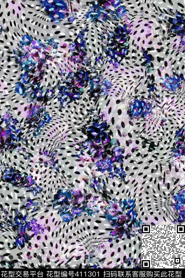 波点花卉数码★花卉图案数码印花华亿平台下载（图片编号: 411301） - 瓦栏（Walan）