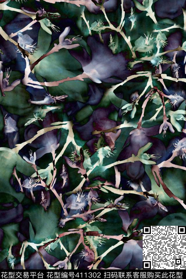 抽象深色花卉数码印花华亿平台下载（图片编号: 411302） - 瓦栏（Walan）
