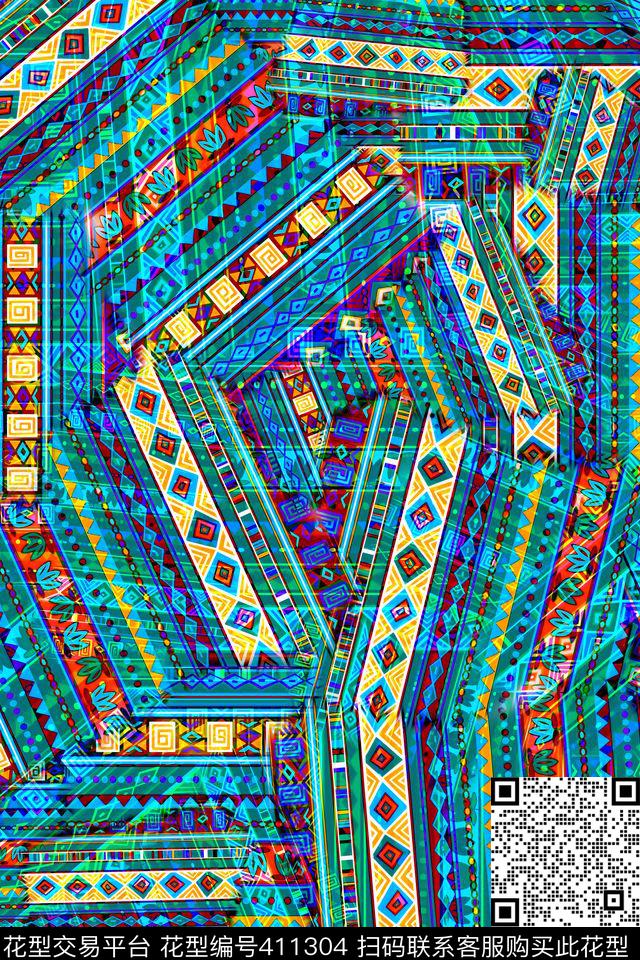 抽象民族几何数码印花华亿平台下载（图片编号: 411304） - 瓦栏（Walan）