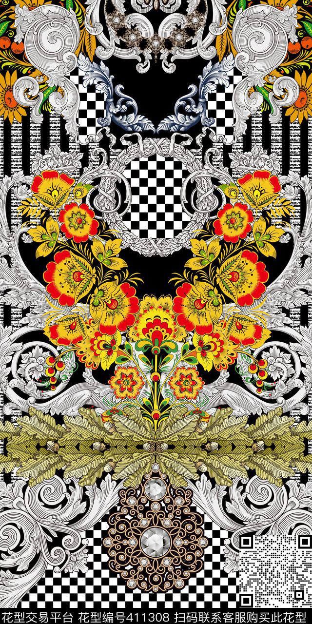 欧式花边花卉图腾数码印花华亿平台下载（图片编号: 411308） - 瓦栏（Walan）