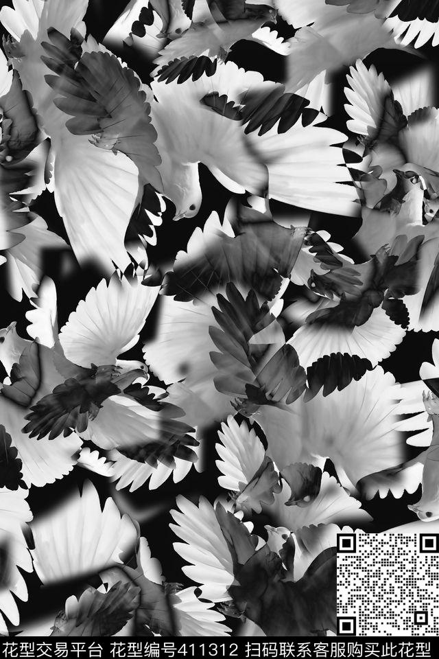 抽象黑白鸽子传统印花华亿平台下载（图片编号: 411312） - 瓦栏（Walan）