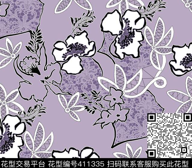 -速描花-蕾丝纹传统印花华亿平台下载（图片编号: 411335） - 瓦栏（Walan）