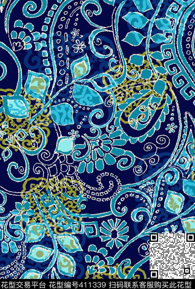 蓝色调立体雕花佩斯利火腿传统印花华亿平台下载（图片编号: 411339） - 瓦栏（Walan）