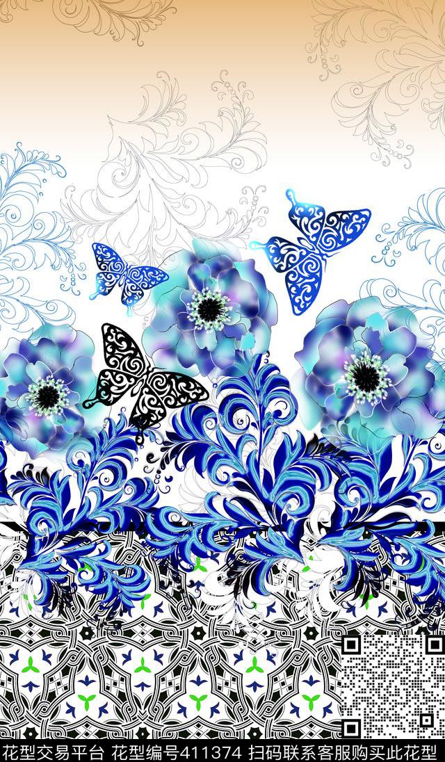 蝴蝶几何青花瓷数码印花华亿平台下载（图片编号: 411374） - 瓦栏（Walan）