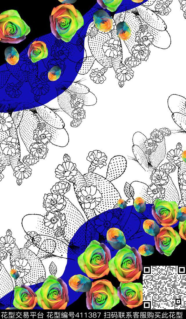 线描玫瑰仙人掌数码印花华亿平台下载（图片编号: 411387） - 瓦栏（Walan）